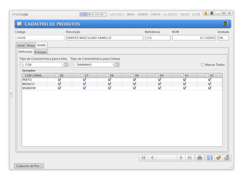 Cadastro de Produtos - Aba Grade (Roupas e Calçados)